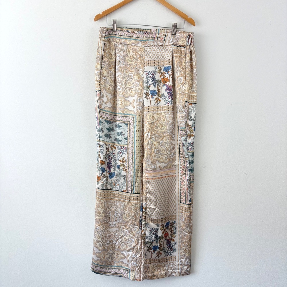 Rachel Zoe XL Pull On Patchwork Paisley Satin Wide Leg Trousers Tan Blue Cream